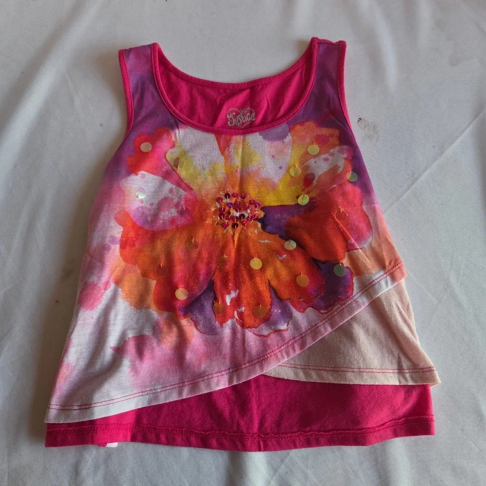 Justice Girls Pink Watercolor Flower Tank Top Sequin Layered Y2K Kidcore Size 12